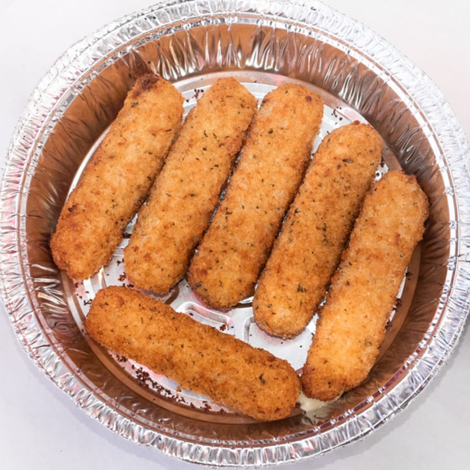 Six golden-brown mozzarella sticks, breaded and seasoned, in a round aluminum takeout container.